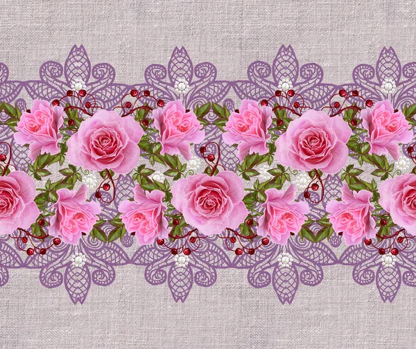 Horizontal floral border. Pattern, seamless. Flower garland of delicate pink roses, green leaves and bright red berries. Openwork lace, weaving, pearl composition beads. — Stock Photo, Image