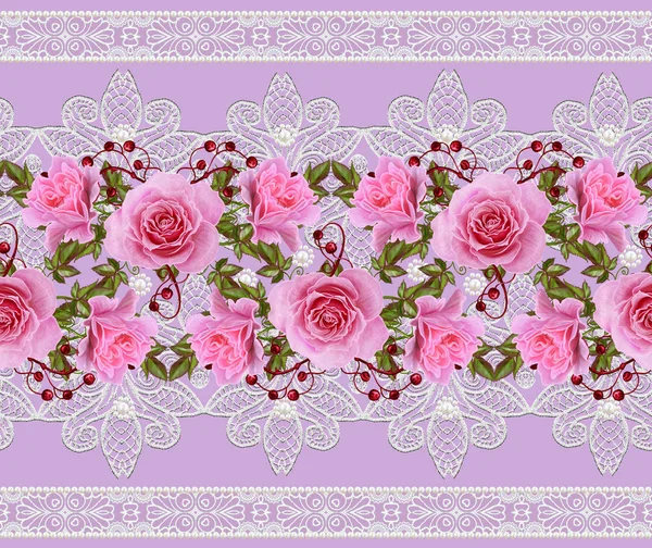 Horizontal floral border. Pattern, seamless. Flower garland of delicate pink roses, green leaves and bright red berries. Openwork lace, weaving, pearl composition beads.