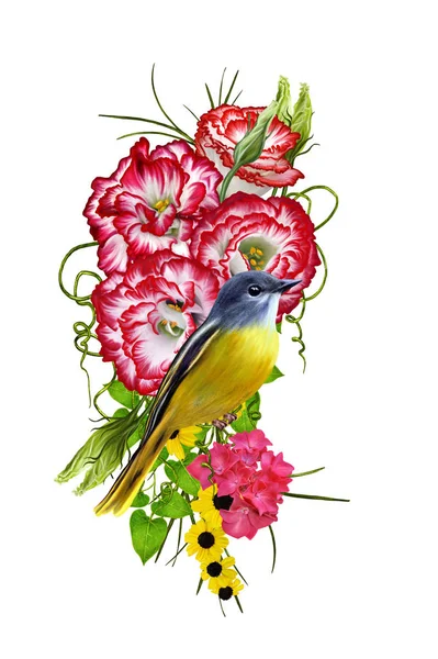 Bloemstuk, boeket. Heldere rode eustoma, roze, crimson bloempjes, groen gras en bladeren. Geïsoleerd op een witte achtergrond. Mooie gele vogel zittend op een tak. — Stockfoto