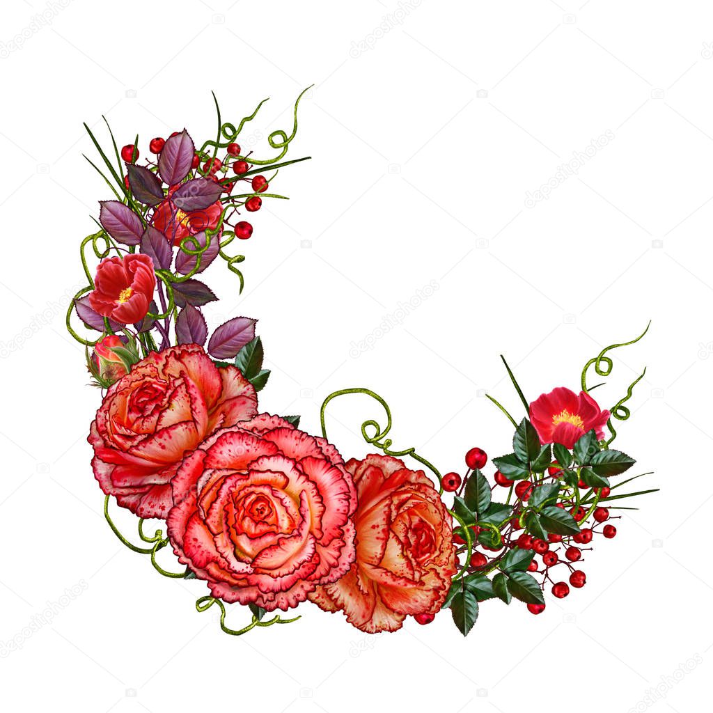 Flower composition. Garland, bouquet of beautiful orange roses, green leaves and twigs.  Isolated on white background.