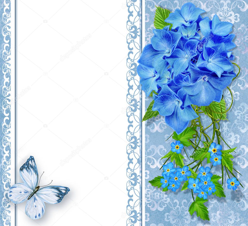Vintage greeting card, invitation, old style. Inflorescence branch beautiful blue hydrangea flower