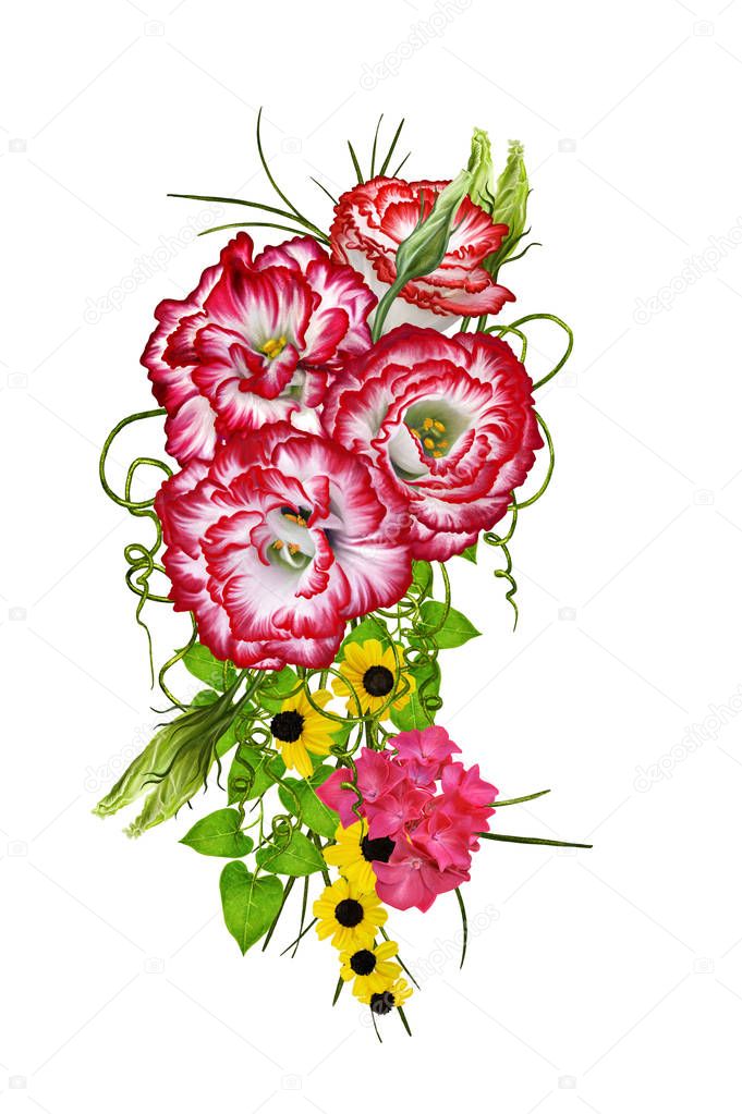 Flower arrangement, bouquet. Bright red eustoma, small pink, crimson flowers, green grass and leaves. Isolated on white background.