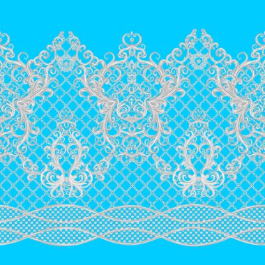 Dikişsiz desen sınır. Narin, dokuma Ajur Gümüş arka plan, parlak dantel, vintage eski tarzı Arabesk. Dekoratif kenar.