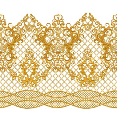 Seamless modeli. Altın dokulu bukleler. Oryantal tarzı Arabesk. Parlak dantel, stilize çiçekler. Narin, altın arka plan dokuma Ajur.