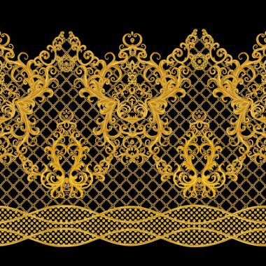 Seamless modeli. Altın dokulu bukleler. Oryantal tarzı Arabesk. Parlak dantel, stilize çiçekler. Narin, altın arka plan dokuma Ajur.
