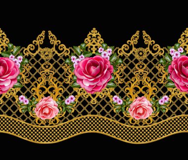 Desen, kesintisiz, çiçek sınır. Çiçek çelenk. Güzel parlak pembe Gül, kamelya, tomurcukları, yaprakları, kaba kumaş, tuval. Altın bukleler, parlak oyma dokuma. Vintage eski arka plan.