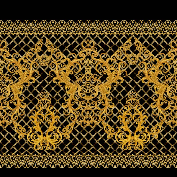 Seamless mönster. Gyllene texturerat lockar. Orientalisk stil arabesker. Lysande spetsar, stiliserade blommor. Genombrutna väva fina, gyllene bakgrund. — Stockfoto