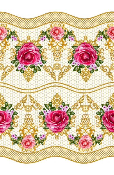 패턴, 완벽 한, 꽃 테두리입니다. 꽃의 화 환입니다. 아름 다운 밝은 핑크 장미, 동백, 꽃 봉 오리, 잎, 거친 천으로, 캔버스. 골든 곱슬, 빛나는 트레이 서 리 짜 다. 오래 된 빈티지 배경. — 스톡 사진