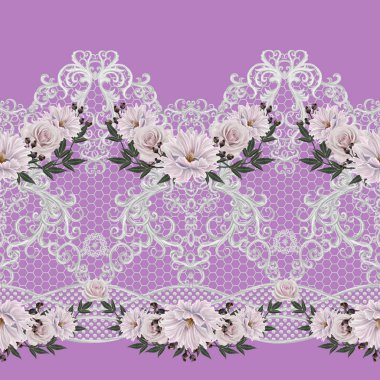 Dikişsiz desen sınır. Narin, dokuma Ajur Gümüş arka plan, parlak dantel, vintage eski tarzı Arabesk. Dekoratif kenar. Pembe pastel gül demetleri.