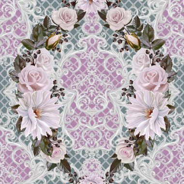 Dikişsiz desen sınır. Narin, dokuma Ajur Gümüş arka plan, parlak dantel, vintage eski tarzı Arabesk. Dekoratif kenar. Pembe pastel gül demetleri.