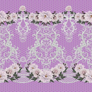 Dikişsiz desen sınır. Narin, dokuma Ajur Gümüş arka plan, parlak dantel, vintage eski tarzı Arabesk. Dekoratif kenar. Pembe pastel gül demetleri.