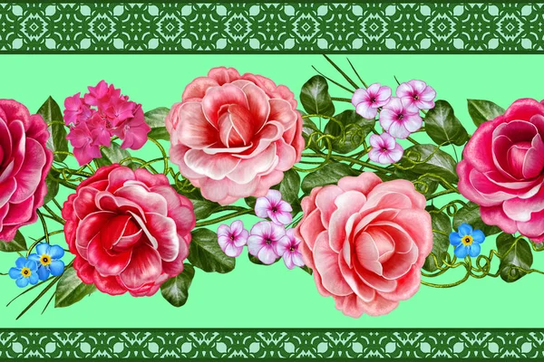 Vodorovné ohraničení květinové. Vzorek, bezešvé. Květinový věnec z růží, kamélie a jemné krásné květy, zelené listy. Ornamentální vzory, mozaiky. — Stock fotografie