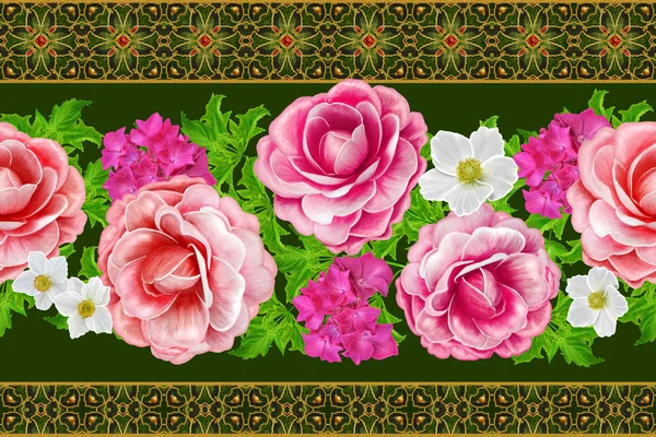 Horizontale floral rand. Patroon, naadloze. Flower garland van rozen, camellia en delicaat mooie bloemen, groene bladeren. Decoratieve patronen, mozaïeken. — Stockfoto