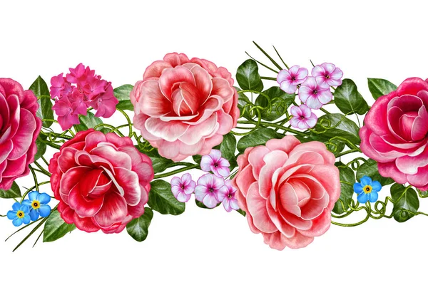 Horizontal floral border. Pattern, seamless. Flower garland of roses, camellia and delicate beautiful flowers, green leaves. Ornamental patterns, mosaics. — Stock Photo, Image