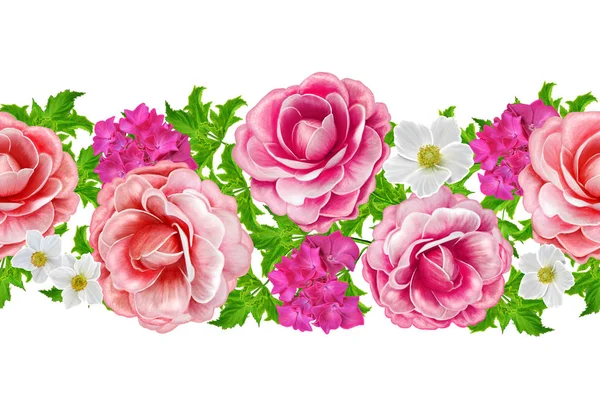 Horizontale floral rand. Patroon, naadloze. Flower garland van rozen, camellia en delicaat mooie bloemen, groene bladeren. Decoratieve patronen, mozaïeken. — Stockfoto