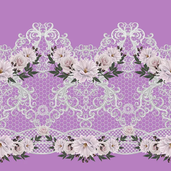 Seamless pattern border. Openwork weaving delicate, silver background, shiny lace, vintage old style arabesques. Edging decorative. Bouquets of pink pastel roses. — Stock Photo, Image