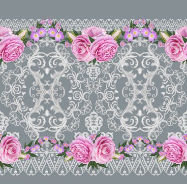 Dikişsiz desen sınır. Narin, dokuma Ajur Gümüş arka plan, parlak dantel, vintage eski tarzı Arabesk. Dekoratif kenar. Pembe pastel gül demetleri.