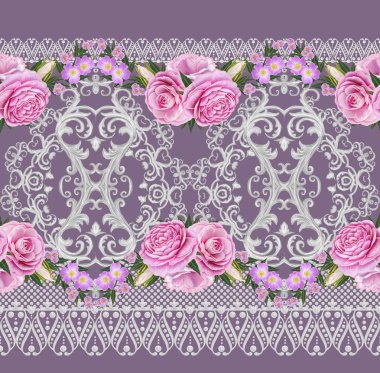 Dikişsiz desen sınır. Narin, dokuma Ajur Gümüş arka plan, parlak dantel, vintage eski tarzı Arabesk. Dekoratif kenar. Pembe pastel gül demetleri.