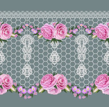 Dikişsiz desen sınır. Narin, dokuma Ajur Gümüş arka plan, parlak dantel, vintage eski tarzı Arabesk. Dekoratif kenar. Pembe pastel gül demetleri.