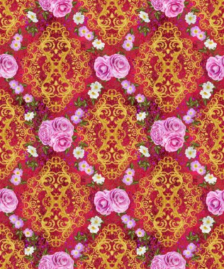 Seamless modeli. Altın dokulu bukleler. Oryantal tarzı Arabesk. Narin, altın arka plan dokuma Ajur. Pembe güller ve beyaz çiçek aranjman çiçek.