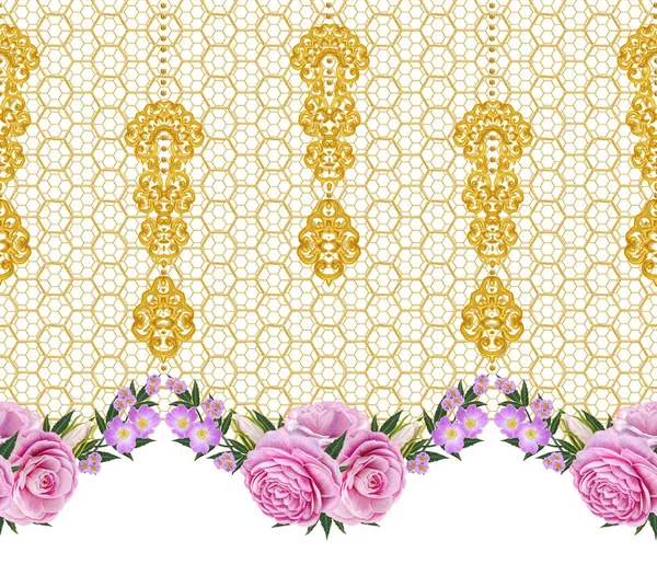 Jednolity wzór. Złote Loki teksturą. Styl Orientalny arabeski. Ażurowe tkania delikatny, Złote tło. Układania kwiatów róż i białych kwiatów. — Zdjęcie stockowe