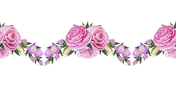 Krawędź pozioma kwiatowy. Wzór, bez szwu. Girlanda kwiatów róż, camellia i delikatne kwiaty piękne, zielone liście. Na białym tle. — Zdjęcie stockowe