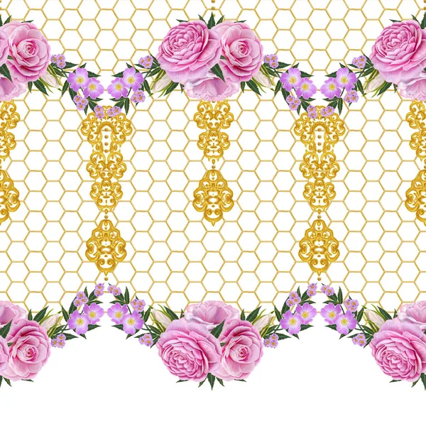 Nahtloses Muster. goldene strukturierte Locken. Arabesken orientalischen Stils. durchbrochene Webarbeiten mit zartem, goldenem Hintergrund. Blumenarrangement aus rosa Rosen und weißen Blumen. — Stockfoto