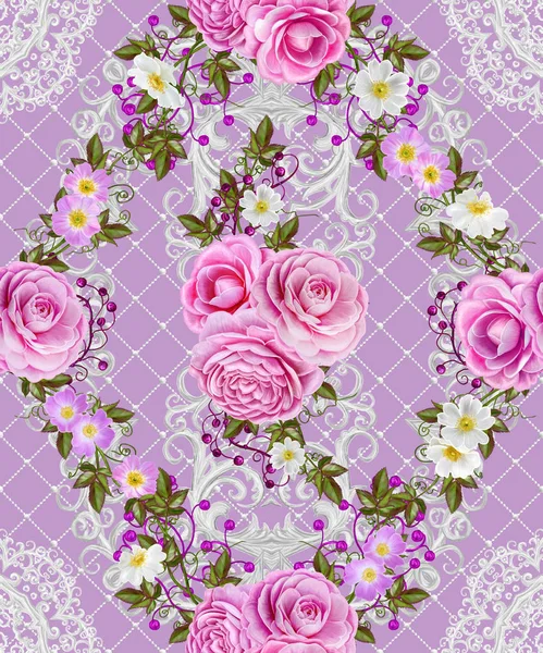 Seamless pattern border. Openwork weaving delicate, silver background, shiny lace, vintage old style arabesques. Edging decorative. Bouquets of pink pastel roses. — Stock Photo, Image