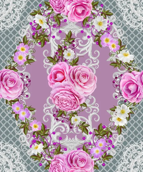 Seamless pattern border. Openwork weaving delicate, silver background, shiny lace, vintage old style arabesques. Edging decorative. Bouquets of pink pastel roses. — Stock Photo, Image