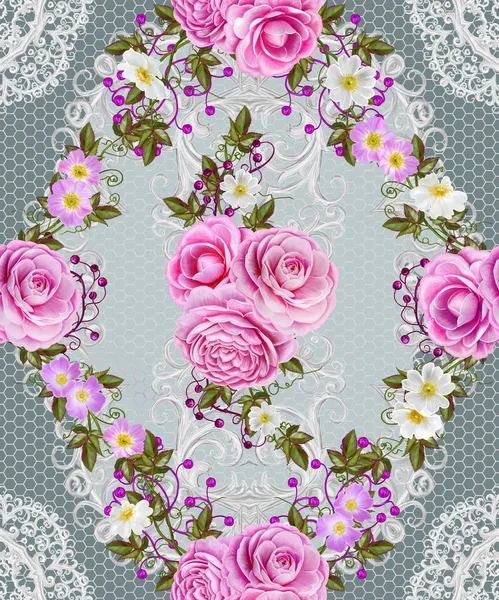 Seamless pattern border. Openwork weaving delicate, silver background, shiny lace, vintage old style arabesques. Edging decorative. Bouquets of pink pastel roses. — Stock Photo, Image