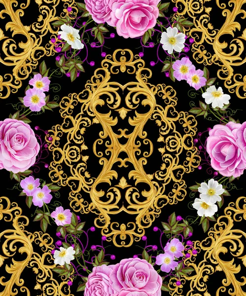 Seamless pattern. Golden textured curls. Oriental style arabesques. Openwork weaving delicate, golden background. Flower arrangement of pink roses and white flowers. — Stock Photo, Image