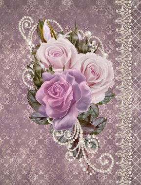 Çiçek kompozisyon. Eski vintage tarzı tebrik kartı. Buket Hassas pastel gül. Beyaz inci boncuk dekorasyon ile dekore edilmiş, Ajur bukleler.