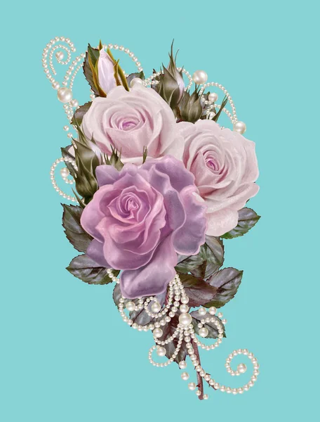 Flower composition. Old vintage style greeting card. Bouquet delicate pastel roses. Openwork curls of white pearls, decorated with decoration of beads.