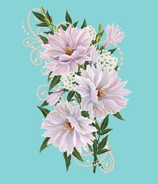 Flower composition. Old vintage style greeting card. Bouquet delicate pastel roses. Openwork curls of white pearls, decorated with decoration of beads.