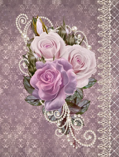 Samenstelling van de bloem. Oude kaart van de groet van de vintage stijl. Fijne pastel rozen boeket. Opengewerkte krullen van witte parels, ingericht met decoratie van kralen. — Stockfoto