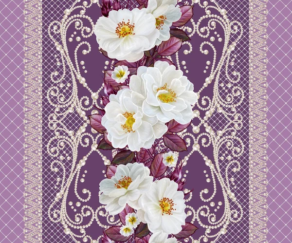 Flower border, pattern, seamless. Pearl delicate curls, string of beads, delicate lace weaving. Garland of roses, red leaves. Old vintage style.