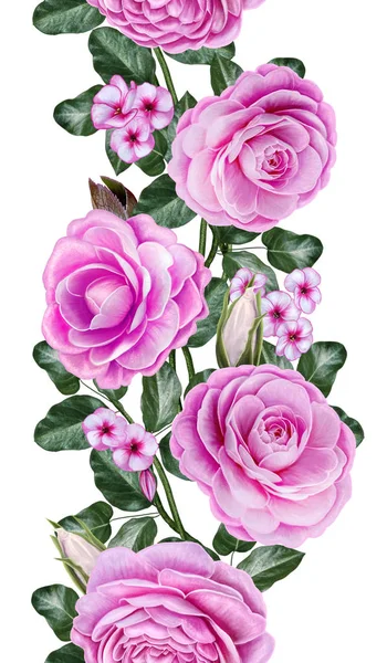 Vertikala sömlös gränsen. Blommig bakgrund. Girlander av blommor, rosa rosor, kamelior. Prydnad av flerfärgad mosaik. — Stockfoto