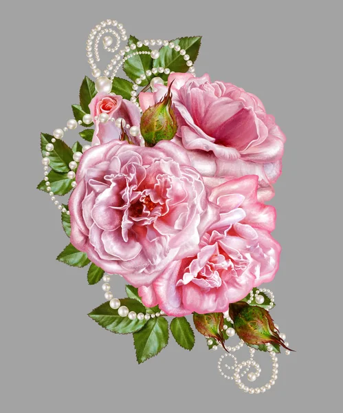 Flower composition. Old vintage style greeting card. Bouquet delicate pastel roses. Openwork curls of white pearls, decorated with decoration of beads. — Stock Photo, Image