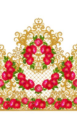 Dikişsiz desen, kenarlık. Altın dokulu bukleler. Oryantal tarzı Arabesk. Narin, altın arka plan dokuma Ajur. Çiçek çelenk kompozisyon kırmızı gül ve parlak yeşil yaprakları.