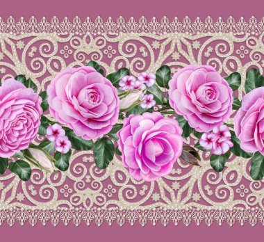 Dantel arka plan. Süslü çerçeve ile soyut bir şekilde geometrik dantel modeli. Ajur doku bukleler, boncuk, inci. Bandana, eşarp, şal. Seamless modeli. Çiçek çelenk, pembe çiçekler, güller, kamelya.
