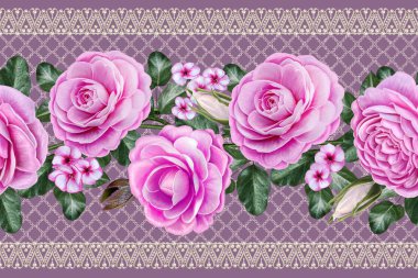 Yatay sorunsuz sınır. Çiçek arka plan. Çelenk çiçek, pembe Gül, kamelya. Eski vintage tarzı. Dantel, boncuk, inci Ajur dokuma. 
