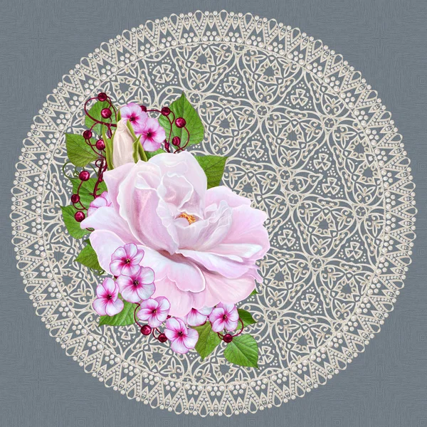 Květinové pozadí. Kulatý tvar kruhu. Věnec květinová růžová růže, camellia, zelené listy. Přívěsek jemná krajka, tkaní, pearl. — Stock fotografie