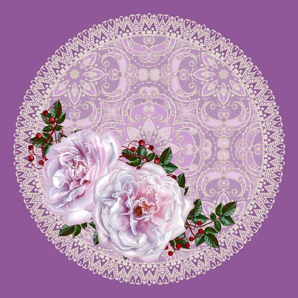 Floraler Hintergrund. die runde Form, der Kreis. Girlandenblüte rosa Rose, Kamelie, grüne Blätter. durchbrochene zarte Spitze, Weben, Perle. — Stockfoto
