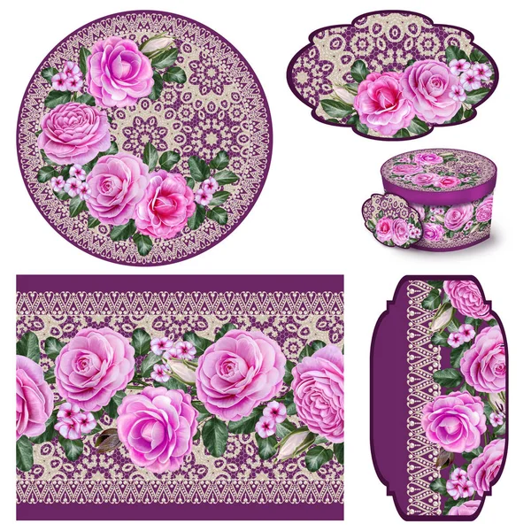 Set for packaging. Box round. Label. decoupage. Floral background, border. Pattern. Garland flower pink rose, camellia, green leaves. Openwork delicate lace, weaving, pearl — Stock Photo, Image