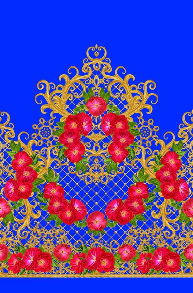 Seamless pattern ,border. Golden textured curls. Oriental style arabesques. Openwork weaving delicate, golden background. Flower garland composition of red roses and bright green leaves. — Stock Photo, Image