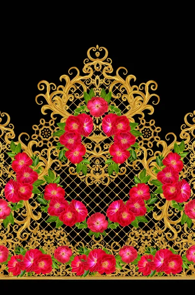 シームレスなパターン、ボーダー。黄金の質感カール。オリエンタル スタイル アラベスク。繊細な黄金色の背景を織りの透かし彫り。赤いバラと明るい緑の葉の花ガーランド組成. — ストック写真