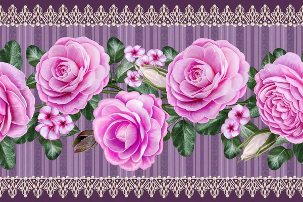 가로 이음매 없는 테두리입니다. 꽃 배경입니다. 꽃의 Garlands 핑크 장미, 동백. 오래 된 빈티지 스타일입니다. 레이스, 구슬, 진주의 openwork 직물. — 스톡 사진