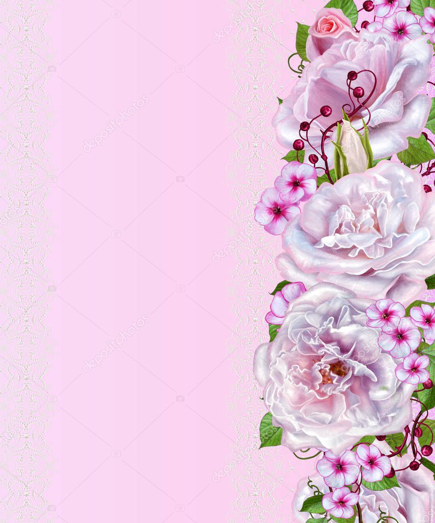 Floral background. Pink pastel colors. The composition of delicate pink roses, small crimson flowers, leaves. Greeting card, invitation, old style.