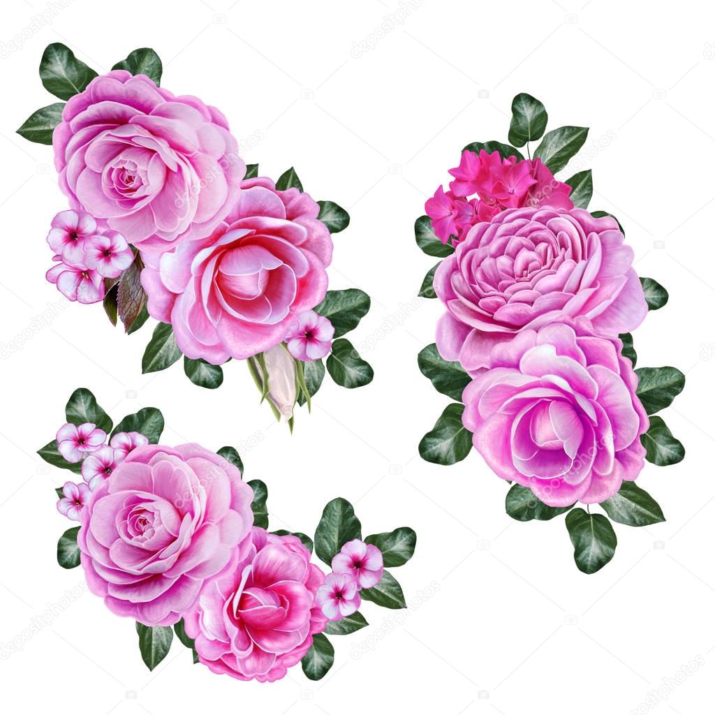 Set. The composition, a bouquet of flowers. pink, orange, pastel camellia, green leaves. Isolated on white background.
