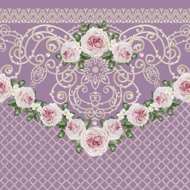Dikişsiz desen sınır. Narin, dokuma Ajur Gümüş arka plan, parlak dantel, vintage eski tarzı Arabesk. Dekoratif kenar. Pembe pastel gül demetleri.